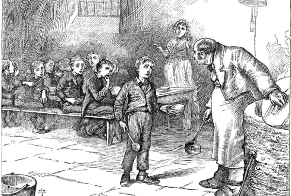 Drawing of Oliver Twist asking for more porridge
