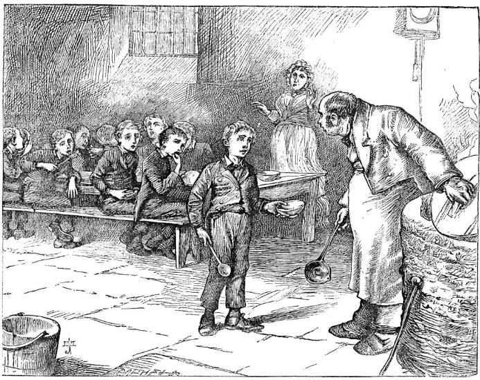 Drawing of Oliver Twist asking for more porridge