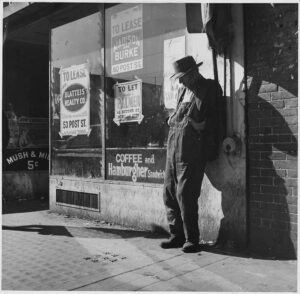 Dorothea Lange's famous image of a destitute man during the depression.